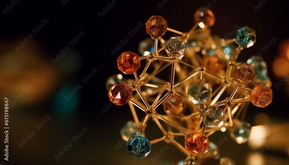 Poster reflection of futuristic communication symbol illuminates metal sphere in laboratory generated by ai
