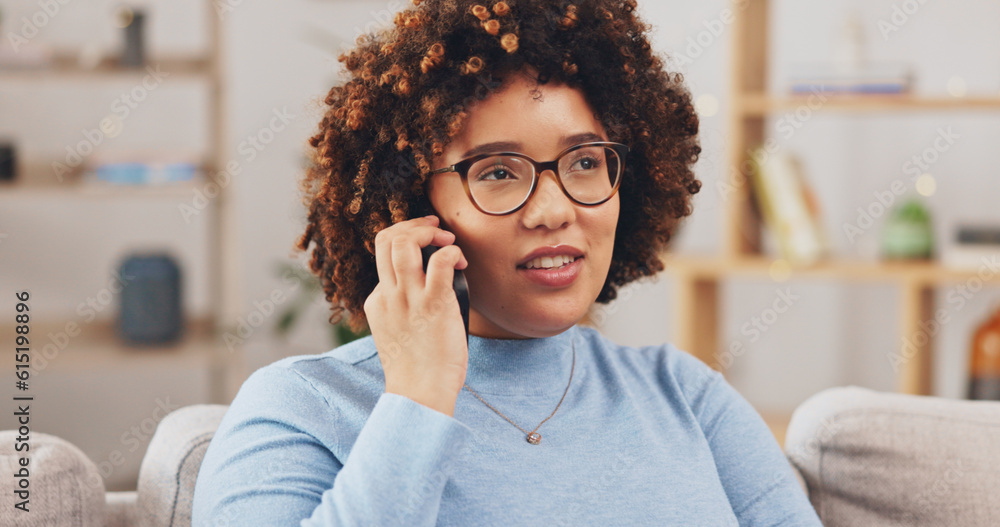 Canvas Prints Relax, talking and woman on a phone call on the sofa, communication and answering a mobile. Smile, thinking and a young girl speaking on a cellphone for conversation, connection and happiness at home