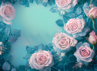Detailed Illustration of Pale Pink Pastel Roses on Blue Background with Space for Text | AI-Generated Art

