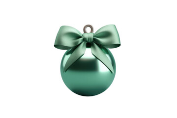 Green Christmas ball with ribbon and a bow on white background. Generative AI