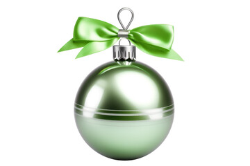 Green Christmas ball with ribbon and a bow on white background. Generative AI