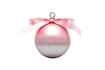 Pink Christmas ball with ribbon and a bow on white background. Generative AI