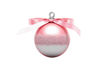 Pink Christmas ball with ribbon and a bow on white background. Generative AI