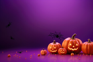 Happy Halloween  Group of 3D illustration glowing pumpkin on treat or trick fantasy fun party celebration purple background. Generative AI