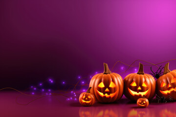 Happy Halloween  Group of 3D illustration glowing pumpkin on treat or trick fantasy fun party celebration purple background. Generative AI