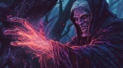 A warlock using their dark powers to curse their enemies . Fantasy concept , Illustration painting.