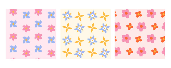 Groovy floral seamless pattern set. Trendy 70s style hippie flower background collection.