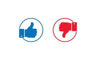 Thumbs up and thumbs down vector symbol in circles. Like and dislike button icon illustration.