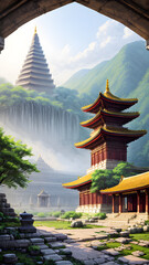 Naklejka premium Panoramic temple landscape with scenic park and sky clouds