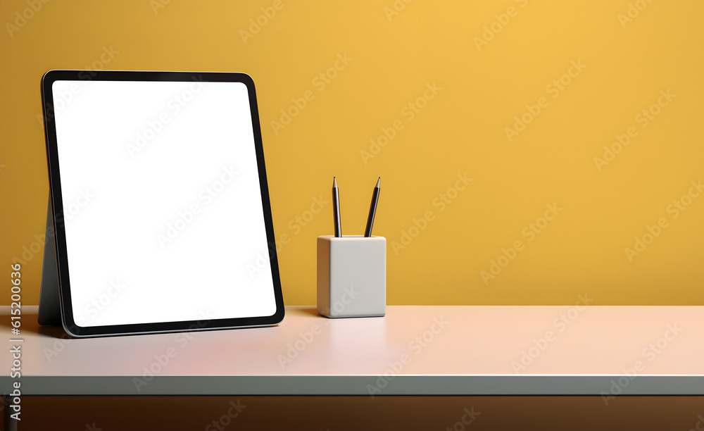 Poster digital tablet computer with transparent screen cutout on bright background table desk, png file. mo
