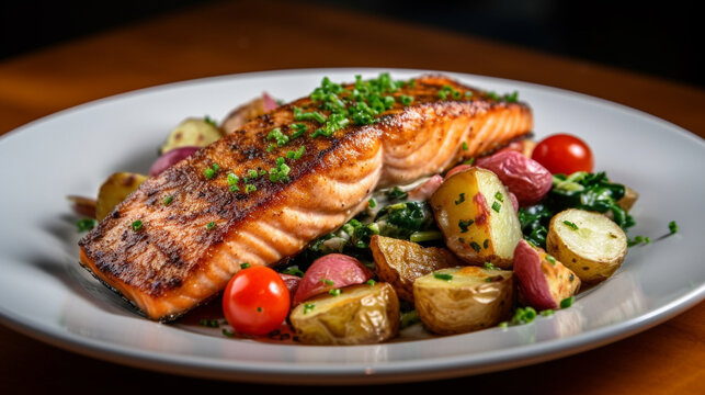 grilled salmon with vegetables HD 8K wallpaper Stock Photographic Image