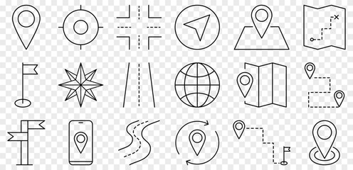 Navigation and roads line icons. Vector illustration isolated on transparent background