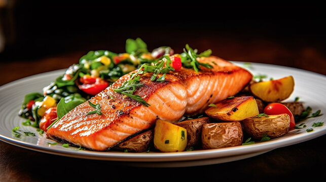 grilled salmon with vegetables HD 8K wallpaper Stock Photographic Image