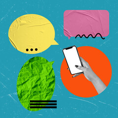 Vertical collage image black and white hand holding use of smartphone typing dialogue bubble...