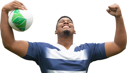 Digital png photo of biracial footballer enjoying victory on transparent background
