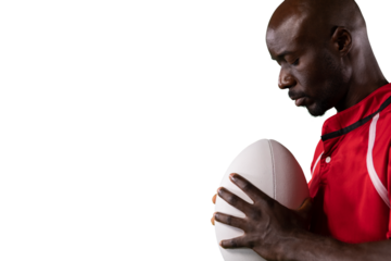 Digital png photo of african american rugby player holding ball on transparent background