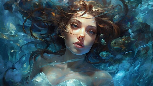 a woman with eyes and hair in sci-fi . Fantasy concept , Illustration painting.