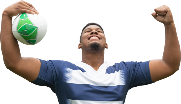 Digital png photo of biracial footballer enjoying victory on transparent background - Powered by Adobe