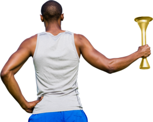 Digital png photo of back view of african american man with olympic torch on transparent background