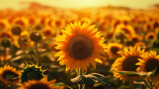 sunflower field at sunset HD 8K wallpaper Stock Photographic Image