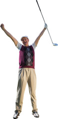 Digital png photo of low section of caucasian golfer enjoying victory on transparent background