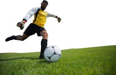 Digital png photo of hispanic footballer kicking ball on transparent background