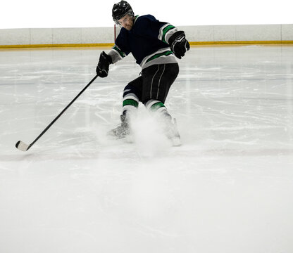 Digital png photo of caucasian hockey player during game on transparent background