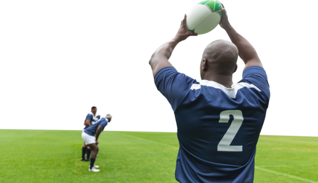 Digital png photo of african american rugby player throwing ball on transparent background