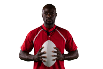 Digital png photo of african american rugby player holding ball on transparent background