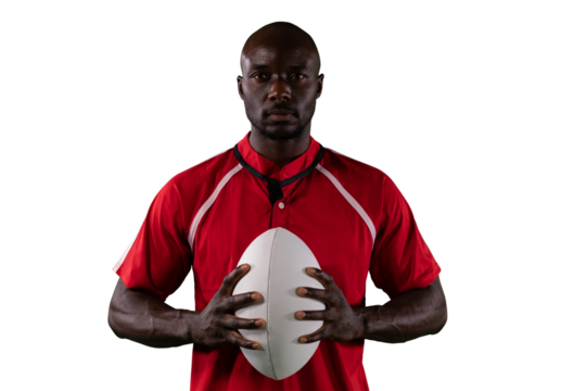 Digital png photo of african american rugby player holding ball on transparent background