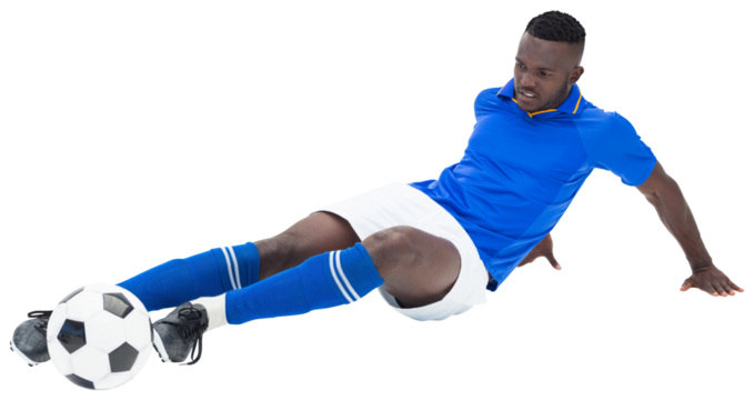 Digital png photo of african american footballer kicking ballon transparent background - Powered by Adobe