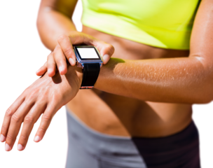 Digital png photo of mid section of hispanic woman looking at stopwatch on transparent background