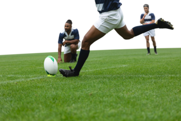 Digital png photo of diverse rugby players during game on transparent background