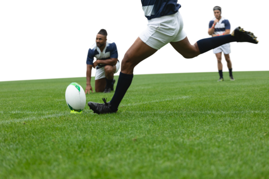 Digital png photo of diverse rugby players during game on transparent background