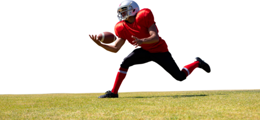 Digital png photo of hispanic rugby player catching ball on transparent background