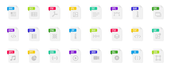 File type icon set. Document file icons vector set. Vector illustration.