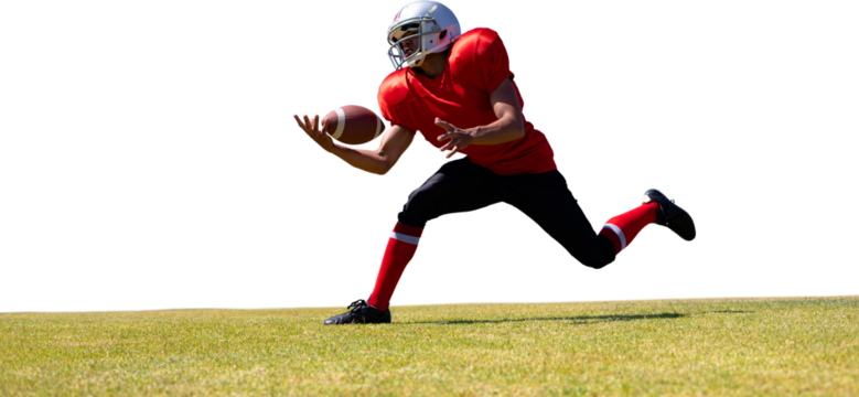 Digital png photo of hispanic rugby player catching ball on transparent background - Powered by Adobe