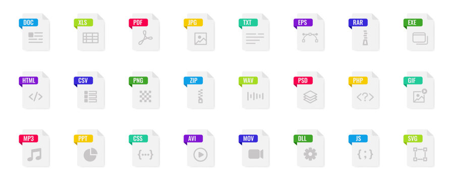 File type icon set. Document file icons vector set. Vector illustration.