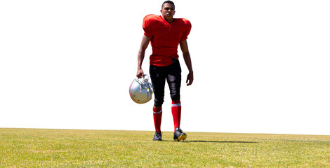 Digital png photo of african american rugby player walking on sport field on transparent background