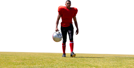 Digital png photo of african american rugby player walking on sport field on transparent background