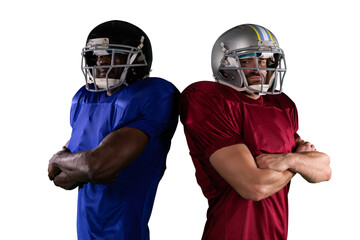 Digital png photo of diverse rugby players standing back to back on transparent background