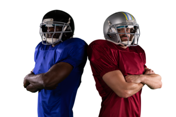 Digital png photo of diverse rugby players standing back to back on transparent background