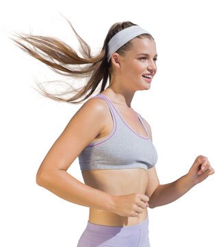 Digital png photo of caucasian woman jogging on transparent background