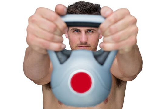 Digital png photo of caucasian man lifting kettlebell on transparent background