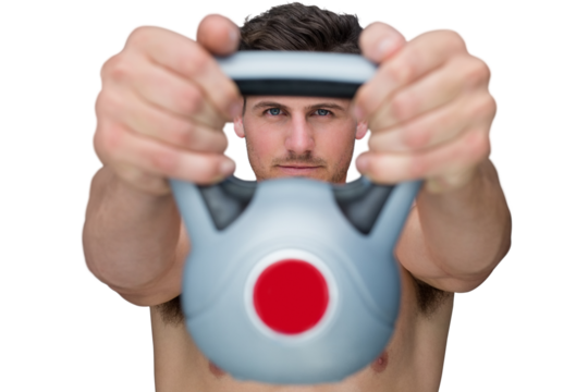 Digital png photo of caucasian man lifting kettlebell on transparent background - Powered by Adobe
