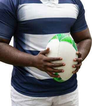 Digital png photo of mid section of african american rugby player on transparent background