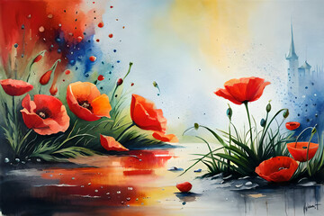 Obraz na płótnie Canvas Field of poppies. AI generated illustration