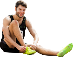 Digital png photo of caucasian runner sitting on transparent background