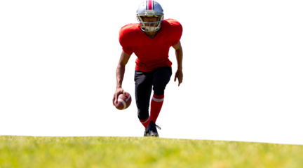 Digital png photo of african american rugby player running with ball on transparent background