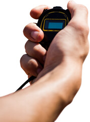 Digital png photo of hand of caucasian woman holding stopwatch on transparent background